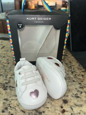 Kurt Geiger baby White Leather Sneakers with Metallic Heart Accents